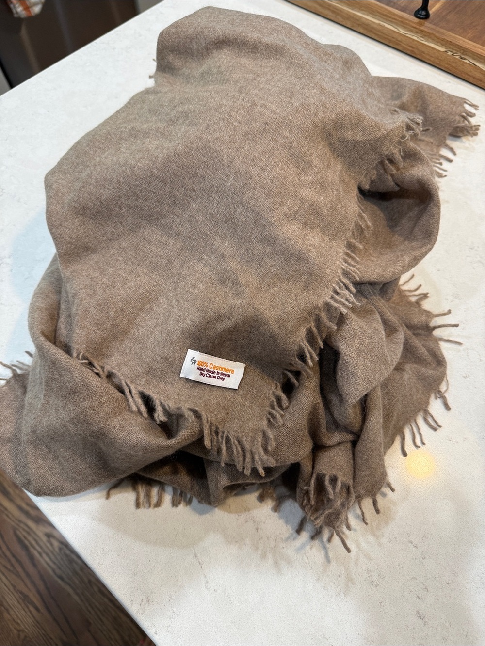 100% Cashmere Scarf Wrap Large Shawl Beige Taupe Hand Made In Nepal Fringe